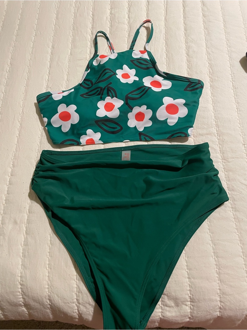 ROMWE Green Floral High-Waist Two-Piece Swim Set